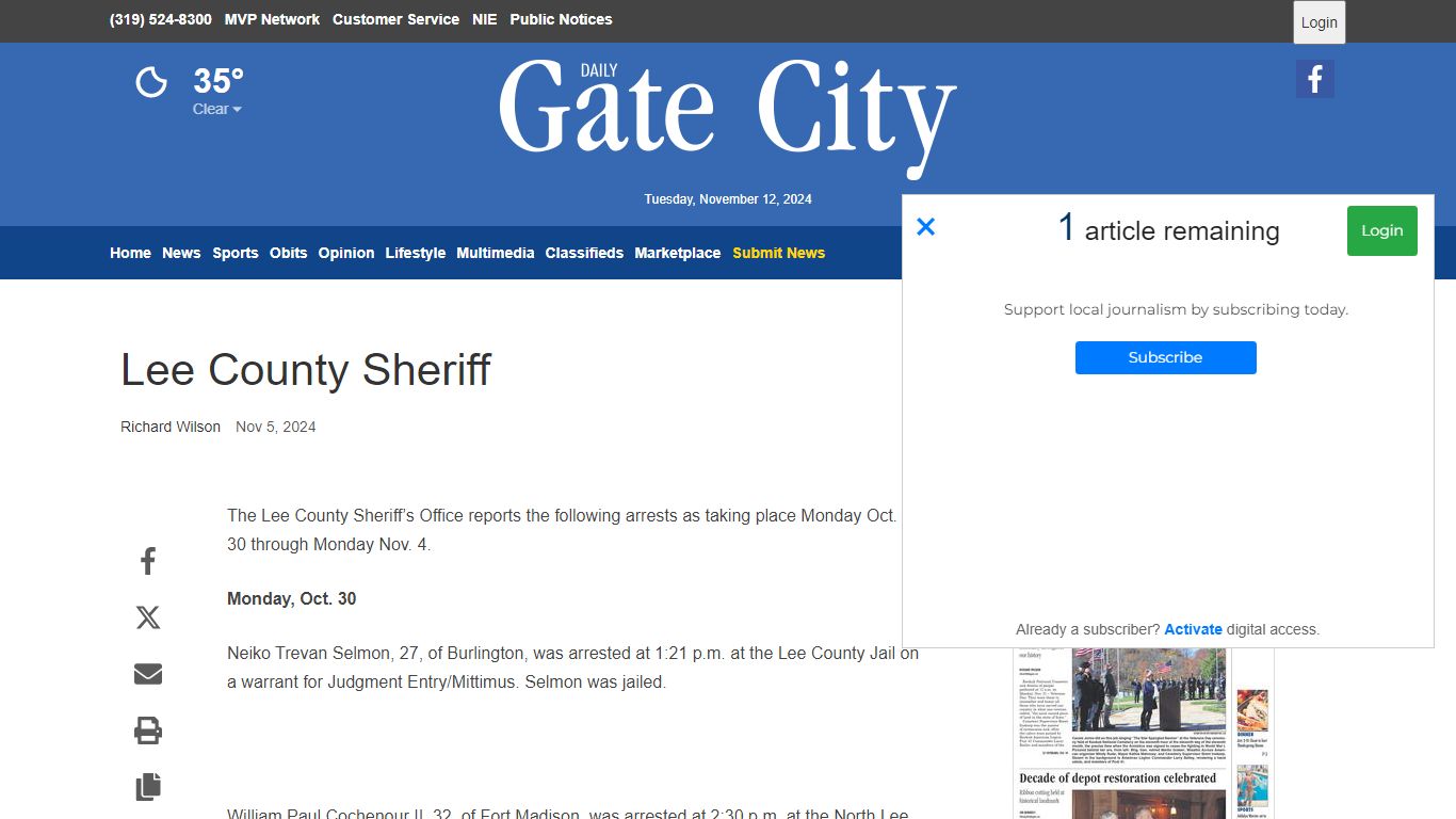 Lee County Sheriff | Daily Gate City - Keokuk, Iowa ...